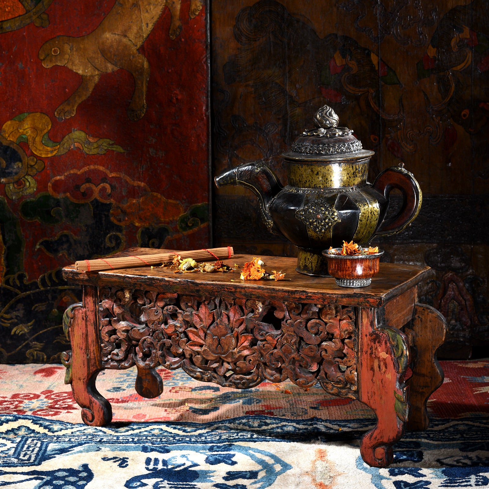 Antique Painted Early Lotus Choksar Prayer Table from Tibet | Indigo Antiques