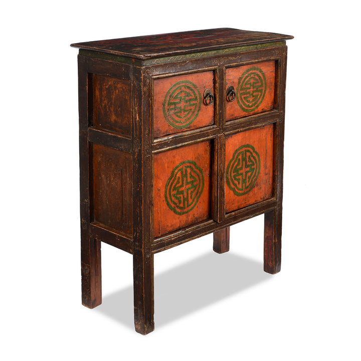Angled View Of Antique Painted Tibetan Pegam Cabinet | Indigo Antiques