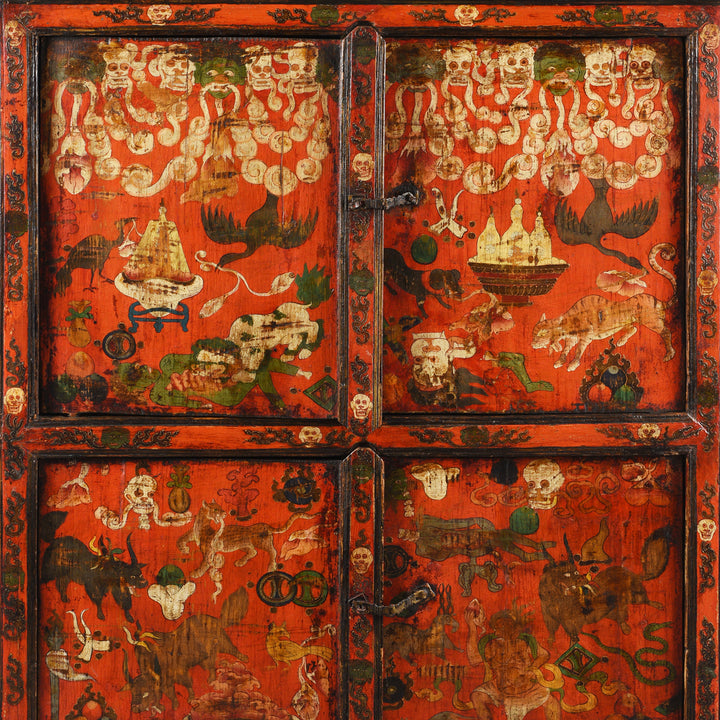 Skull & Intestine Detail from an Antique Painted Tibetan Mahakala Torgam Cabinet Decorated with Skulls and for holding Torma - 18thC