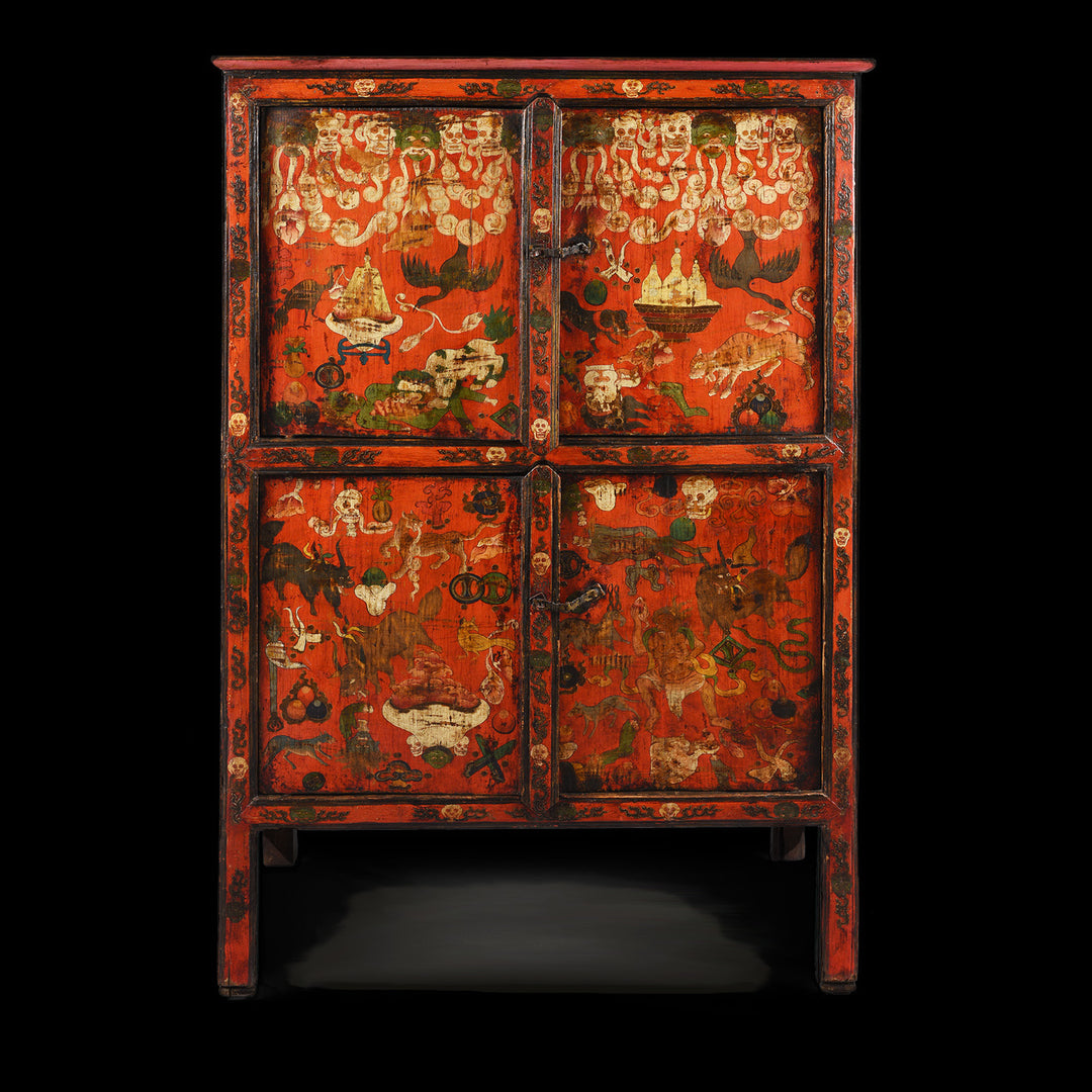 Antique Painted Tibetan Mahakala Torgam Cabinet Decorated with Skulls and for holding Torma - 18thC