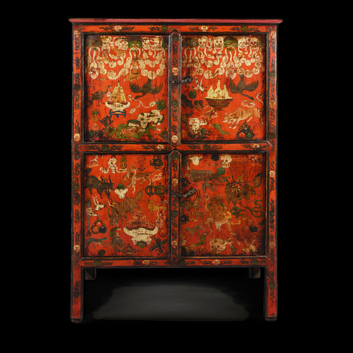 Antique Painted Tibetan Mahakala Torgam Cabinet Decorated with Skulls and for holding Torma - 18thC