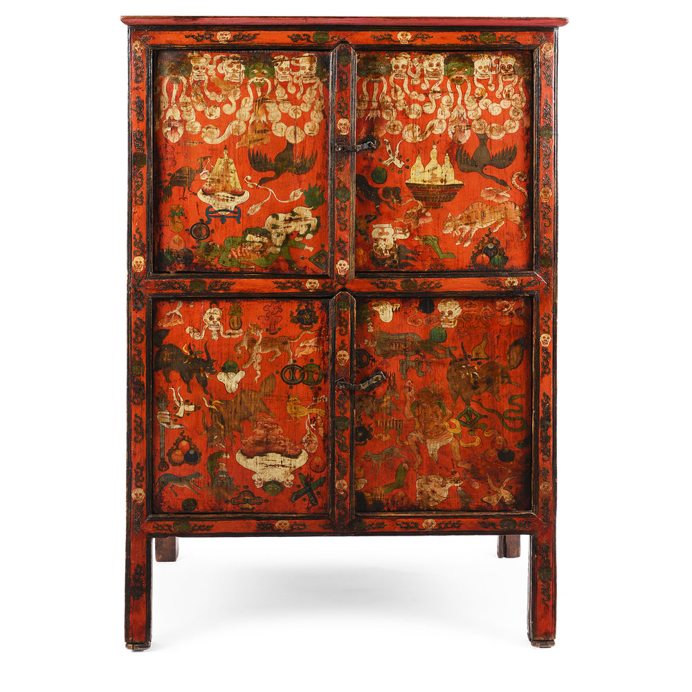 Antique Painted Tibetan Mahakala Torgam Cabinet Decorated with Skulls and for holding Torma - 18thC