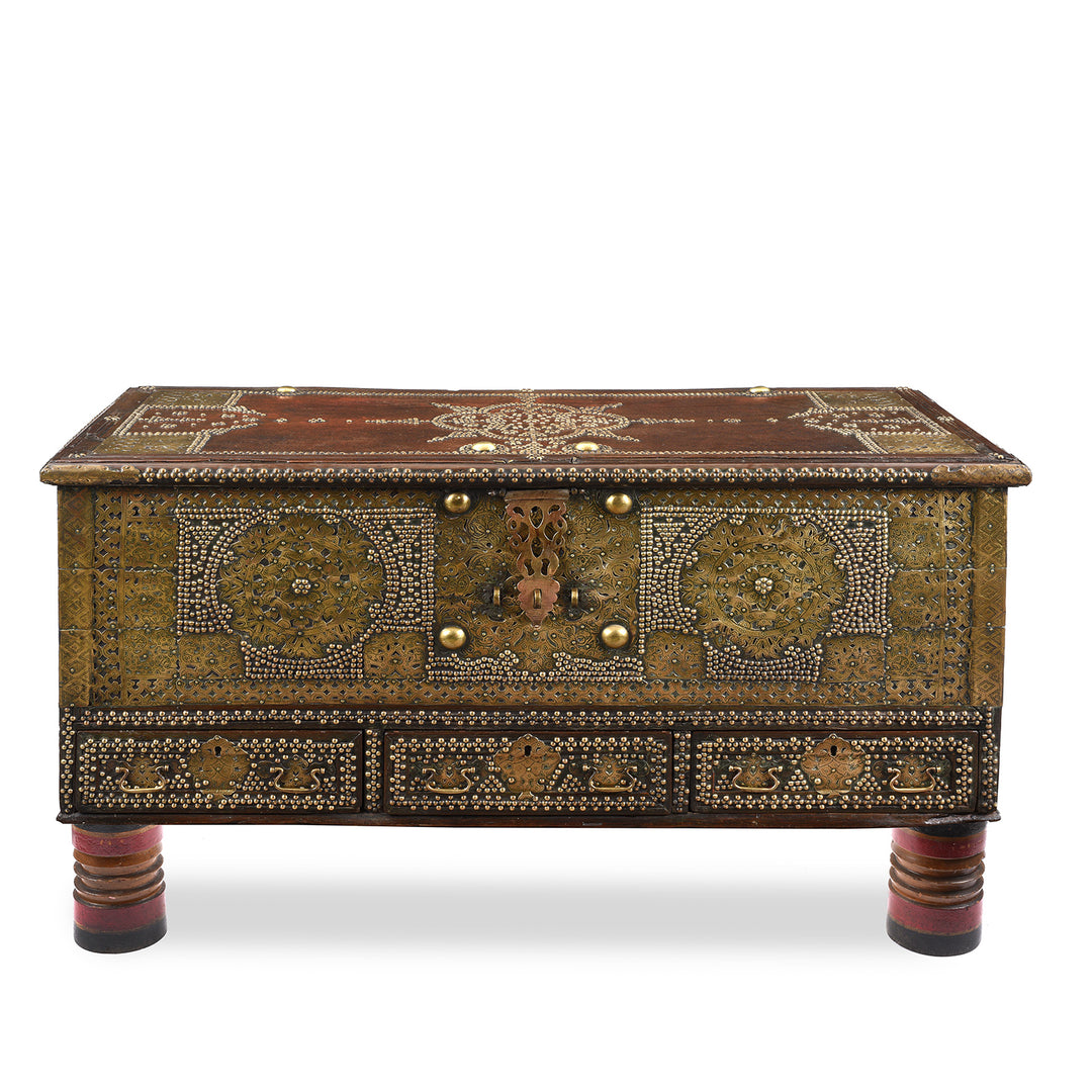 Antique Brass Studded Teak Zanzibar Chest From Surat With Lacquered Gujarati Legs | Indigo Antiques