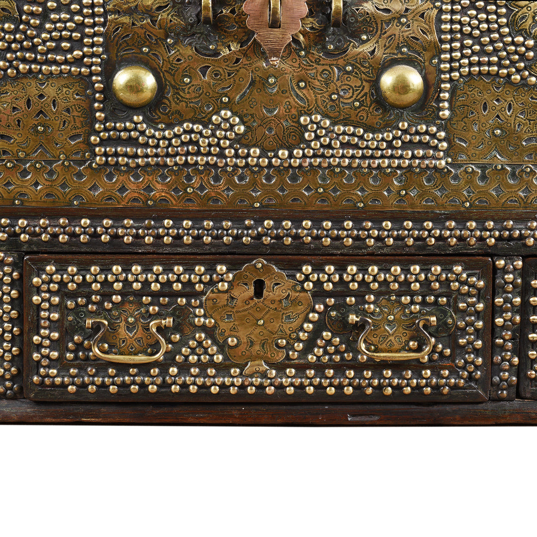 Drawer detail from an Antique Brass Studded Teak Zanzibar Chest From Surat in Gujarat | Indigo Antiques