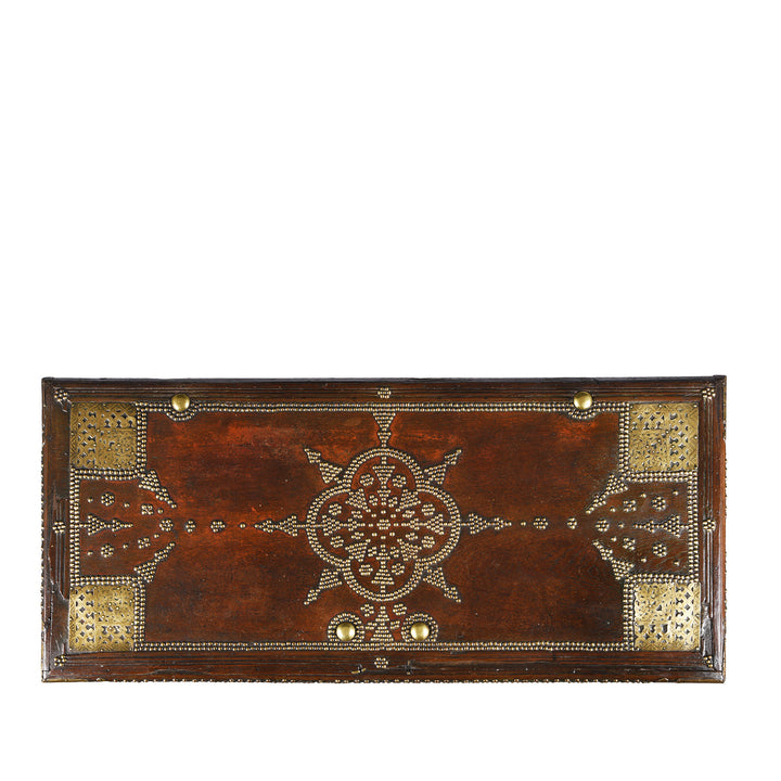 Top detail of an Antique Brass Studded Teak Zanzibar Chest From Surat in Gujarat | Indigo Antiques
