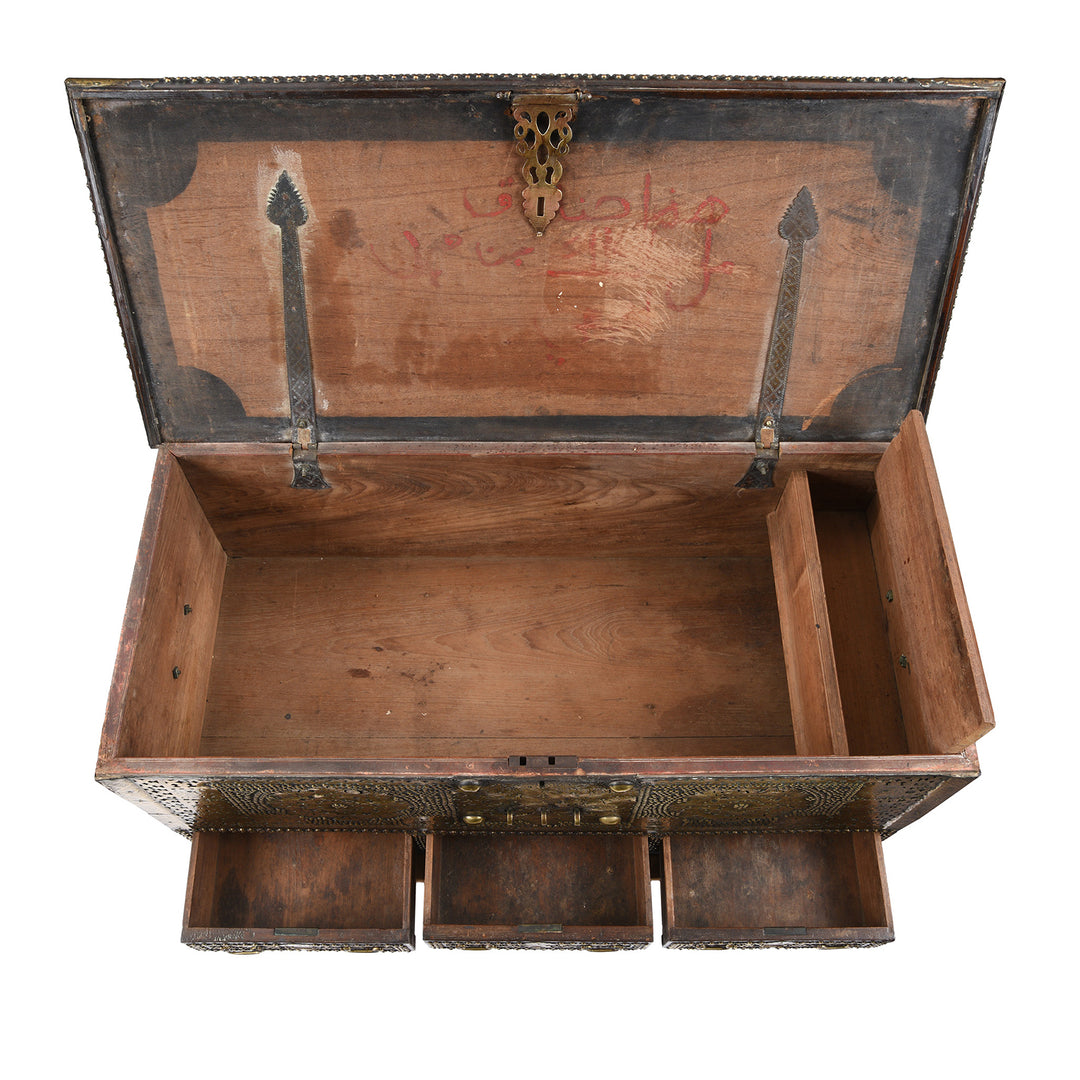 Interior detail of an Antique Brass Studded Teak Zanzibar Chest From Surat in Gujarat | Indigo Antiques