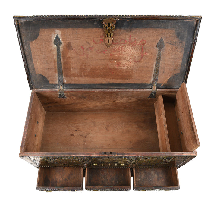 Interior detail of an Antique Brass Studded Teak Zanzibar Chest From Surat in Gujarat | Indigo Antiques