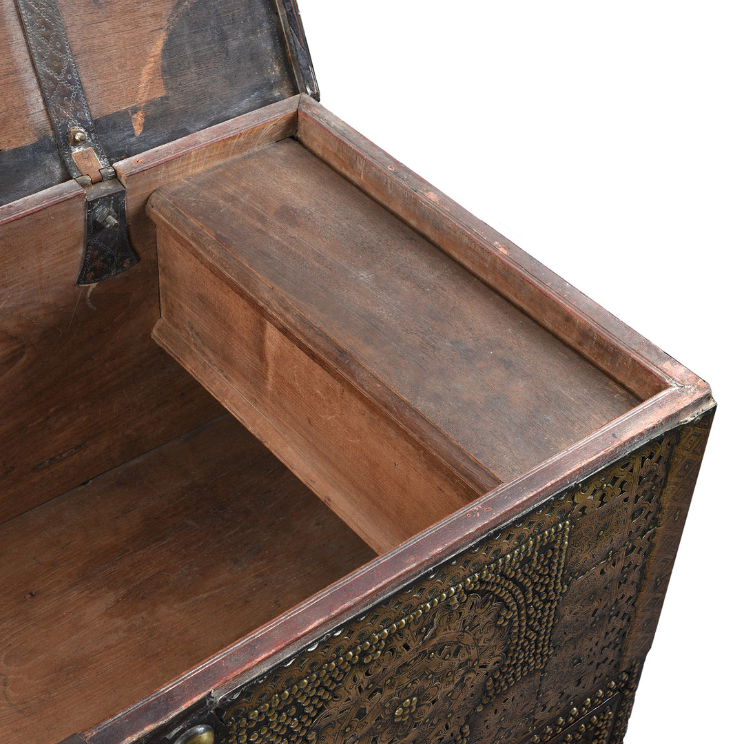 Candle box detail of an Antique Brass Studded Teak Zanzibar Chest From Surat in Gujarat | Indigo Antiques