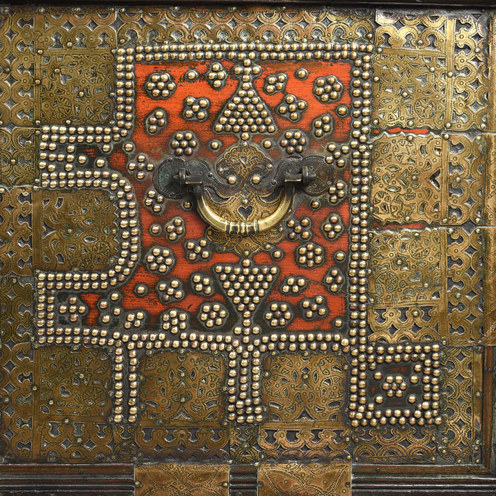 Side Handle Detail from an Antique Brass Studded Teak Zanzibar Chest From Surat in Gujarat | Indigo Antiques