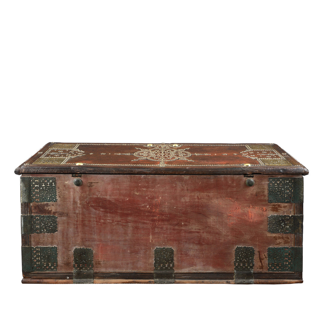 Back detail from an Antique Brass Studded Teak Zanzibar Chest From Surat in Gujarat | Indigo Antiques
