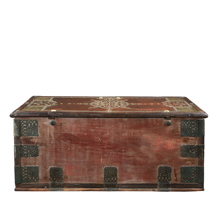 Back detail from an Antique Brass Studded Teak Zanzibar Chest From Surat in Gujarat | Indigo Antiques