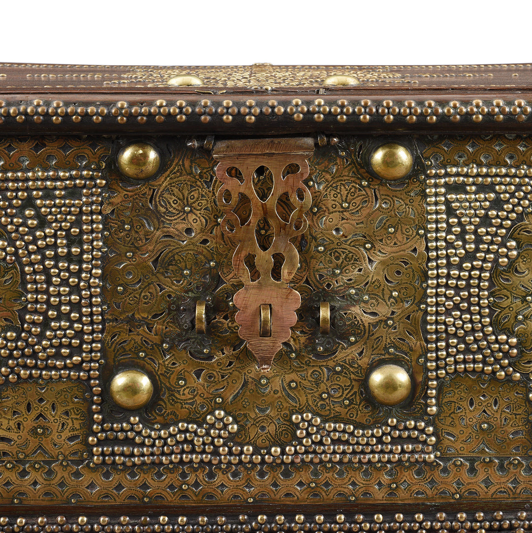 Lock detail of an Antique Brass Studded Teak Zanzibar Chest From Surat in Gujarat | Indigo Antiques