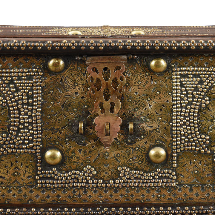 Lock detail of an Antique Brass Studded Teak Zanzibar Chest From Surat in Gujarat | Indigo Antiques
