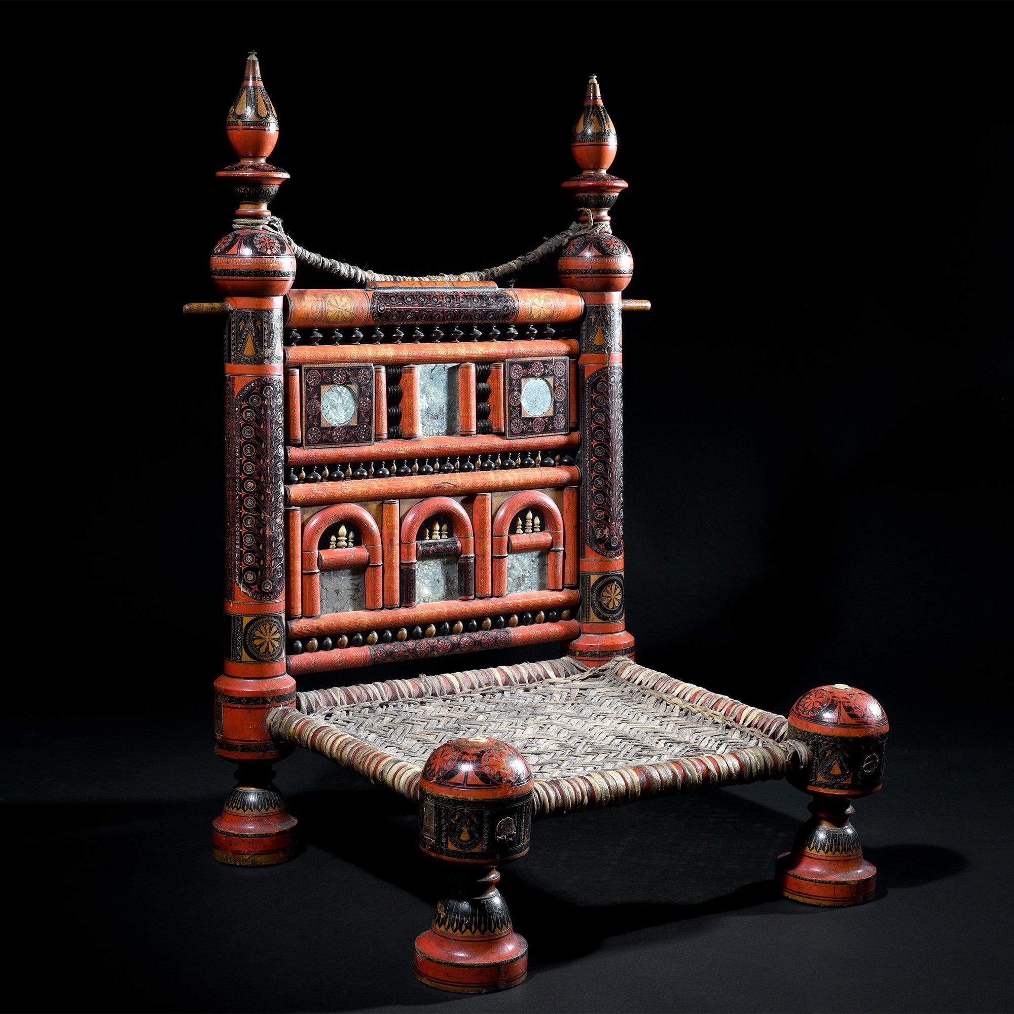Antique Scratchwork Lacquer Pidha Chair from Chiniot, Punjab - Ca 1900| INDIGO ANTIQUES