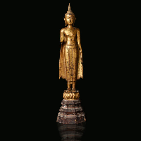 Gilt Teak Sukothai Style Standing Thai Buddha - Early 19th Century