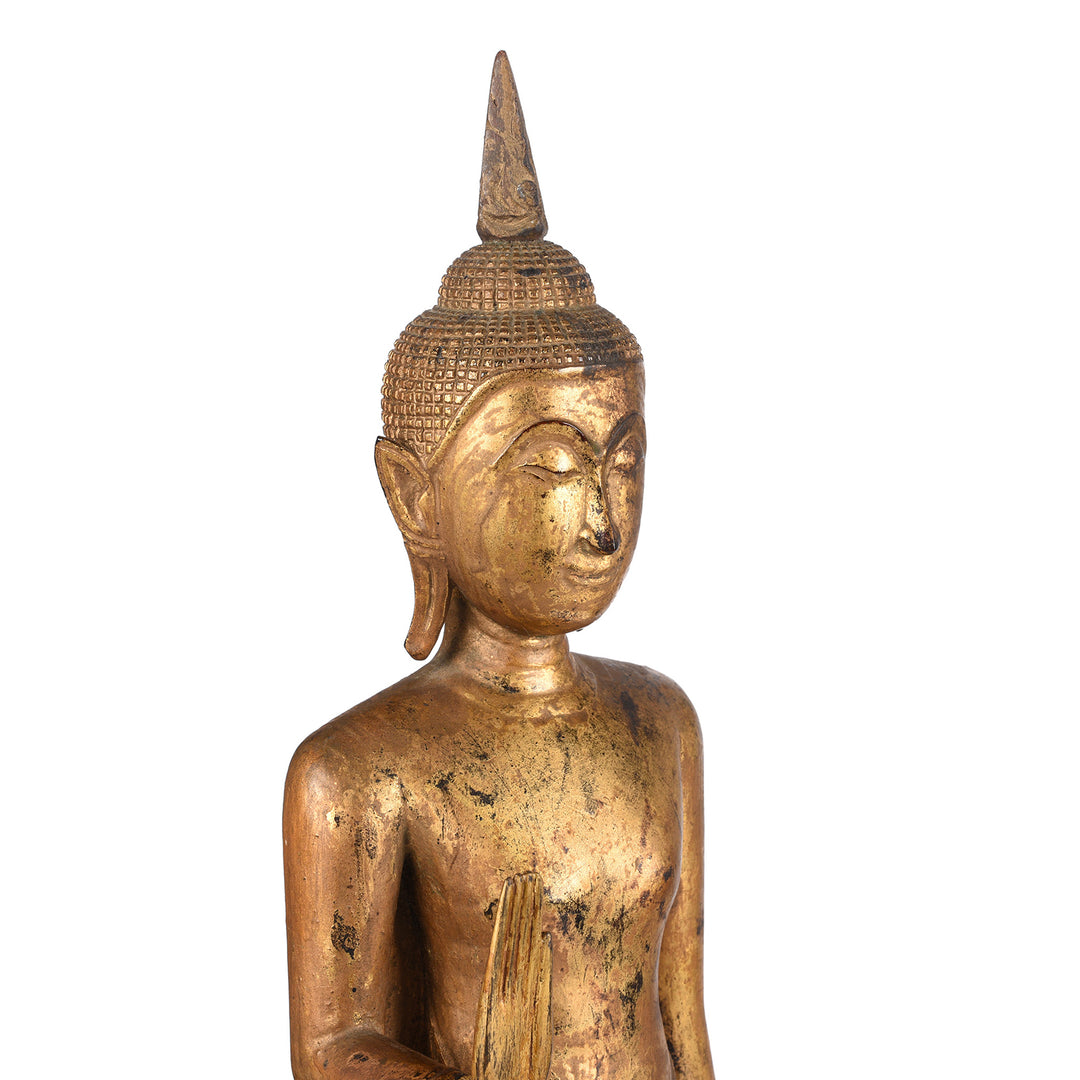 Angled Detail From Antique Antique Gilt Teak Sukothai Style Standing Buddha from Thailand | Indigo Antiques