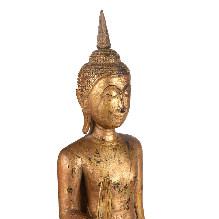 Angled Detail From Antique Antique Gilt Teak Sukothai Style Standing Buddha from Thailand | Indigo Antiques