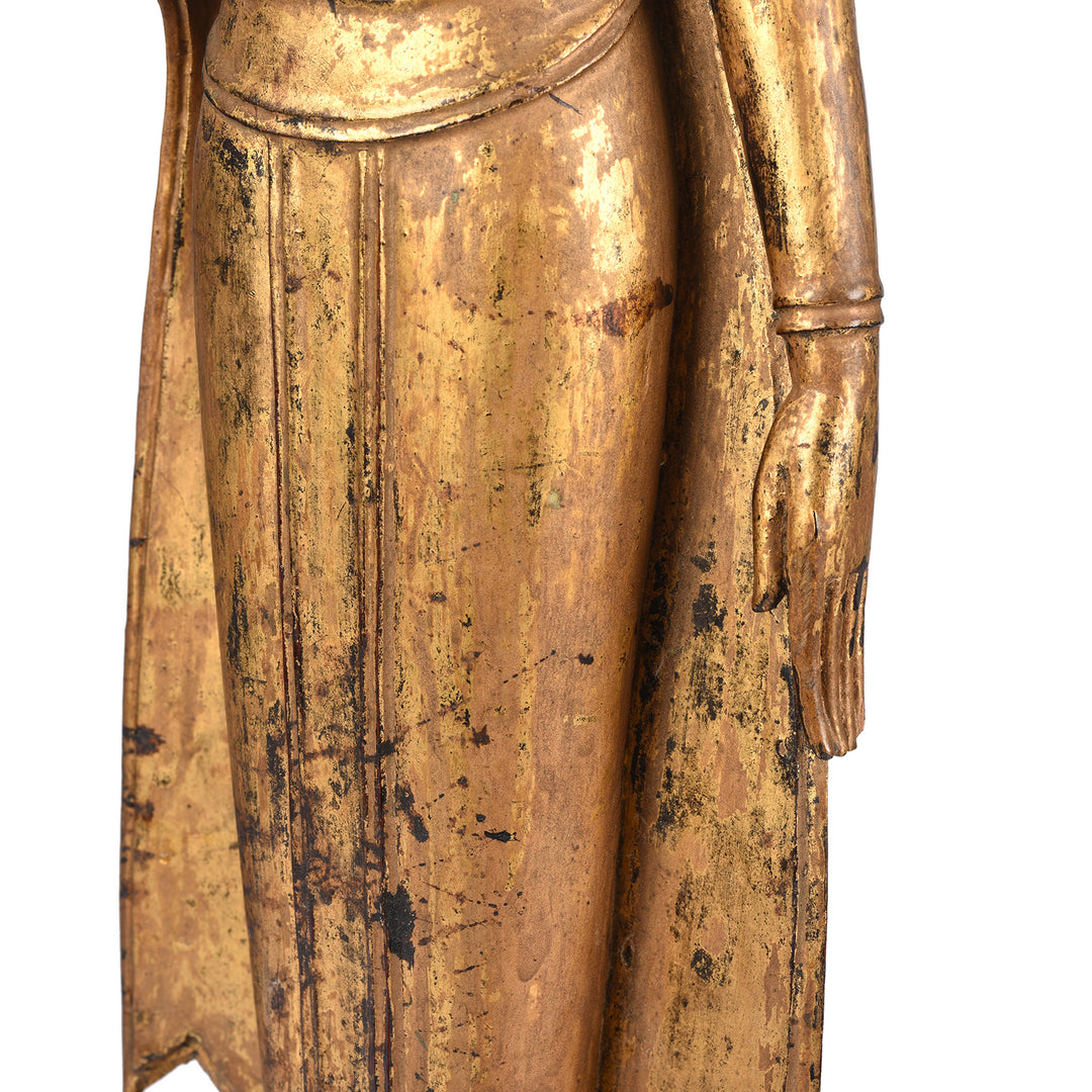 Detail From Antique Antique Gilt Teak Sukothai Style Standing Buddha from Thailand | Indigo Antiques