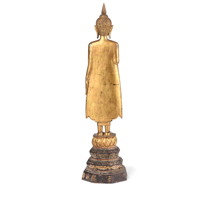 Back Of Antique Antique Gilt Teak Sukothai Style Standing Buddha from Thailand | Indigo Antiques