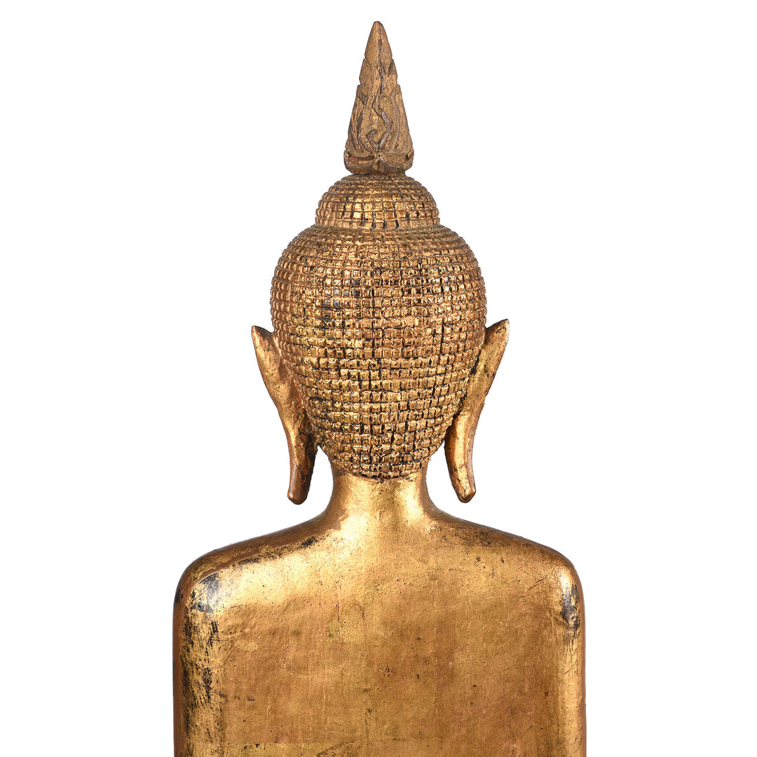 Detail From Back Of Head From Antique Antique Gilt Teak Sukothai Style Standing Buddha from Thailand | Indigo Antiques