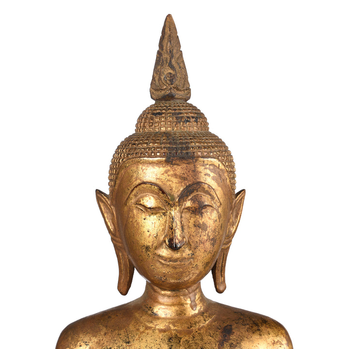 Face Detail From Antique Antique Gilt Teak Sukothai Style Standing Buddha from Thailand | Indigo Antiques