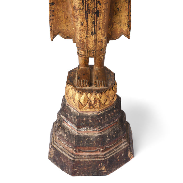 Base Detail From Antique Antique Gilt Teak Sukothai Style Standing Buddha from Thailand | Indigo Antiques