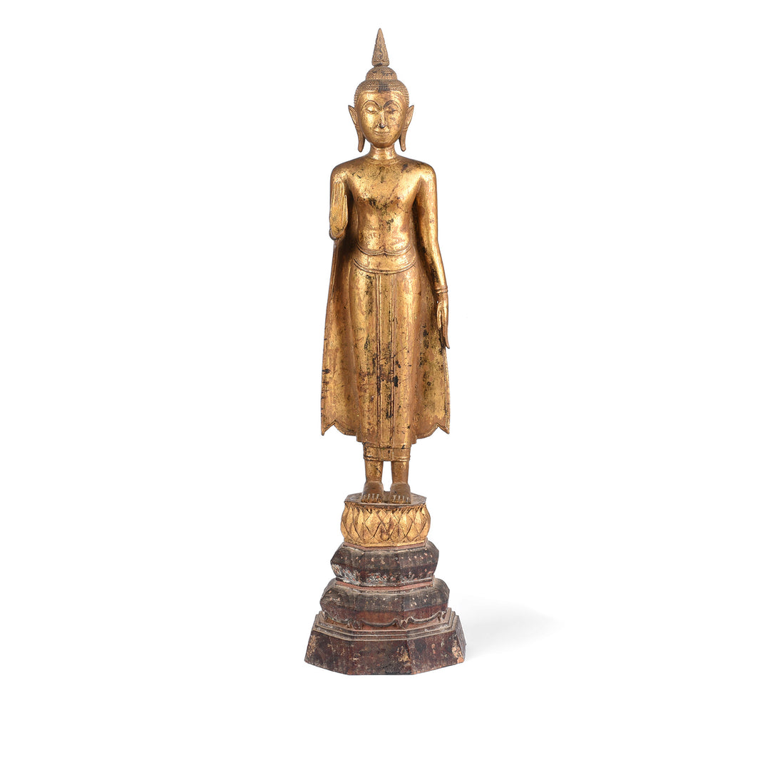 Antique Antique Gilt Teak Sukothai Style Standing Buddha from Thailand | Indigo Antiques