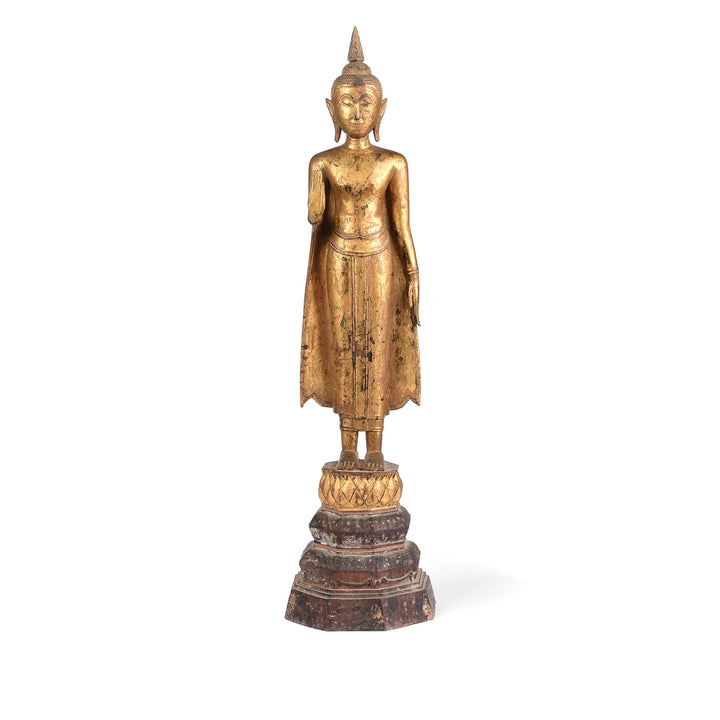 Antique Antique Gilt Teak Sukothai Style Standing Buddha from Thailand | Indigo Antiques