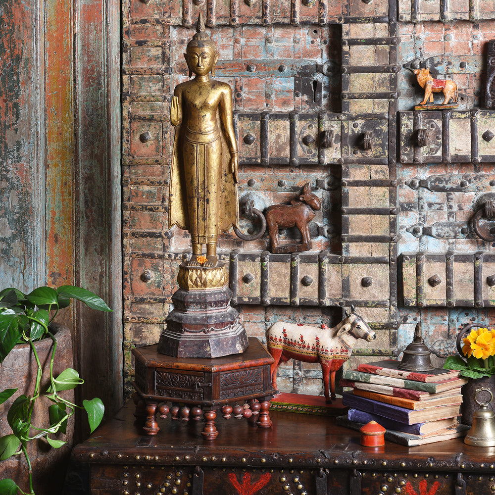 Antique Antique Gilt Teak Sukothai Style Standing Buddha from Thailand | Indigo Antiques