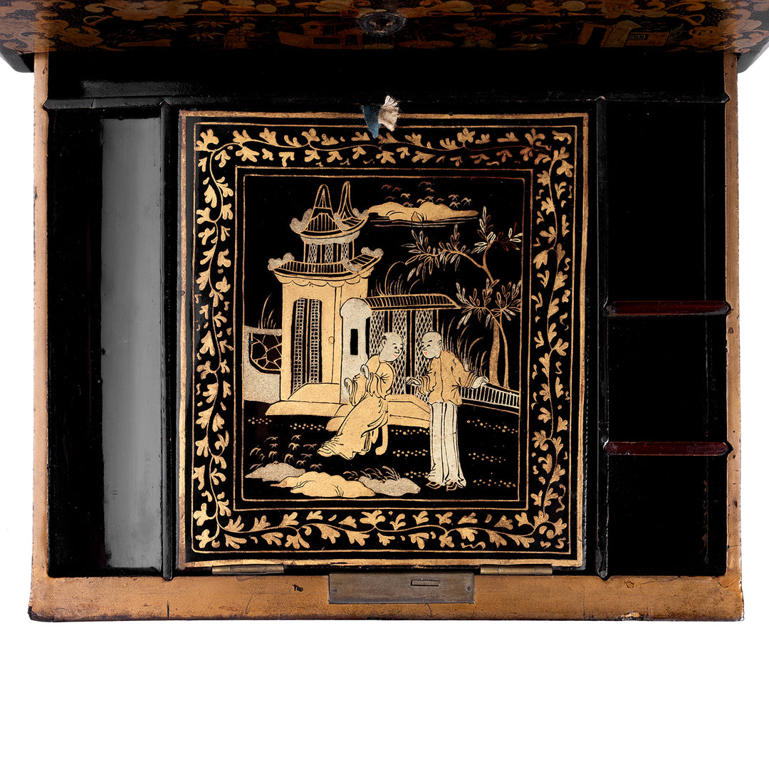 Detail From Antique Chinoiserie Export Black Lacquer Sewing Box | Indigo Antiques