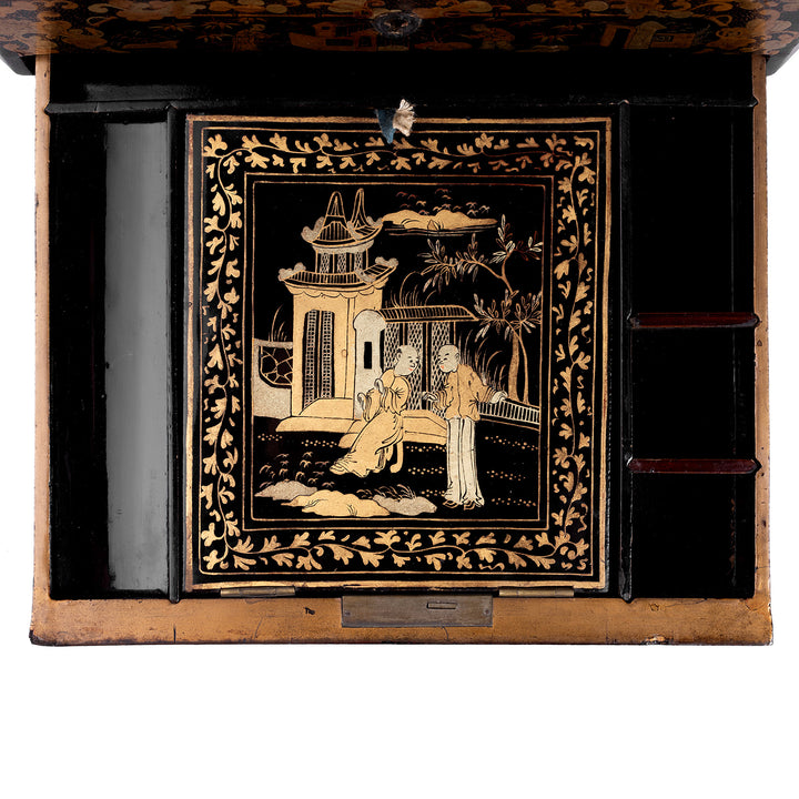Detail From Antique Chinoiserie Export Black Lacquer Sewing Box | Indigo Antiques