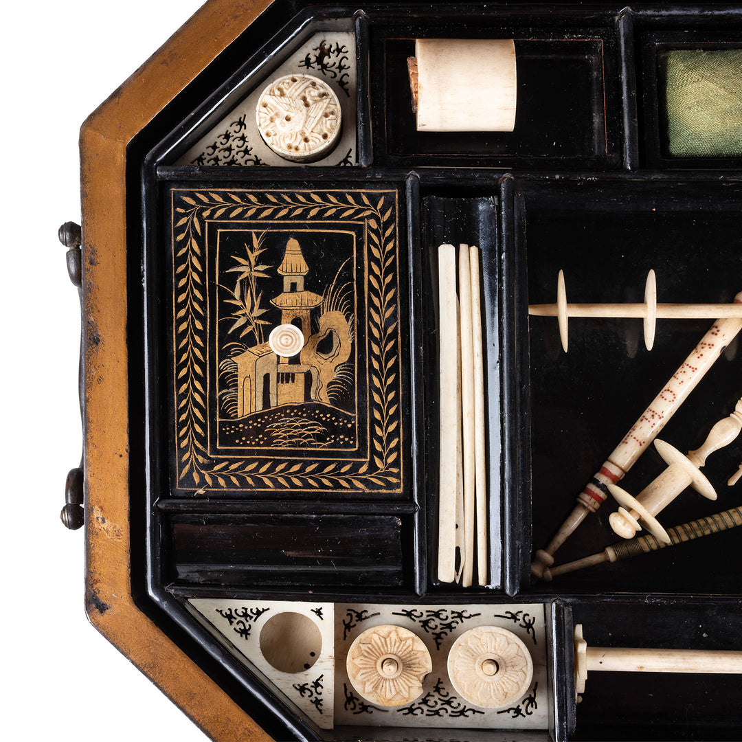 Detail From Antique Chinoiserie Export Black Lacquer Sewing Box | Indigo Antiques