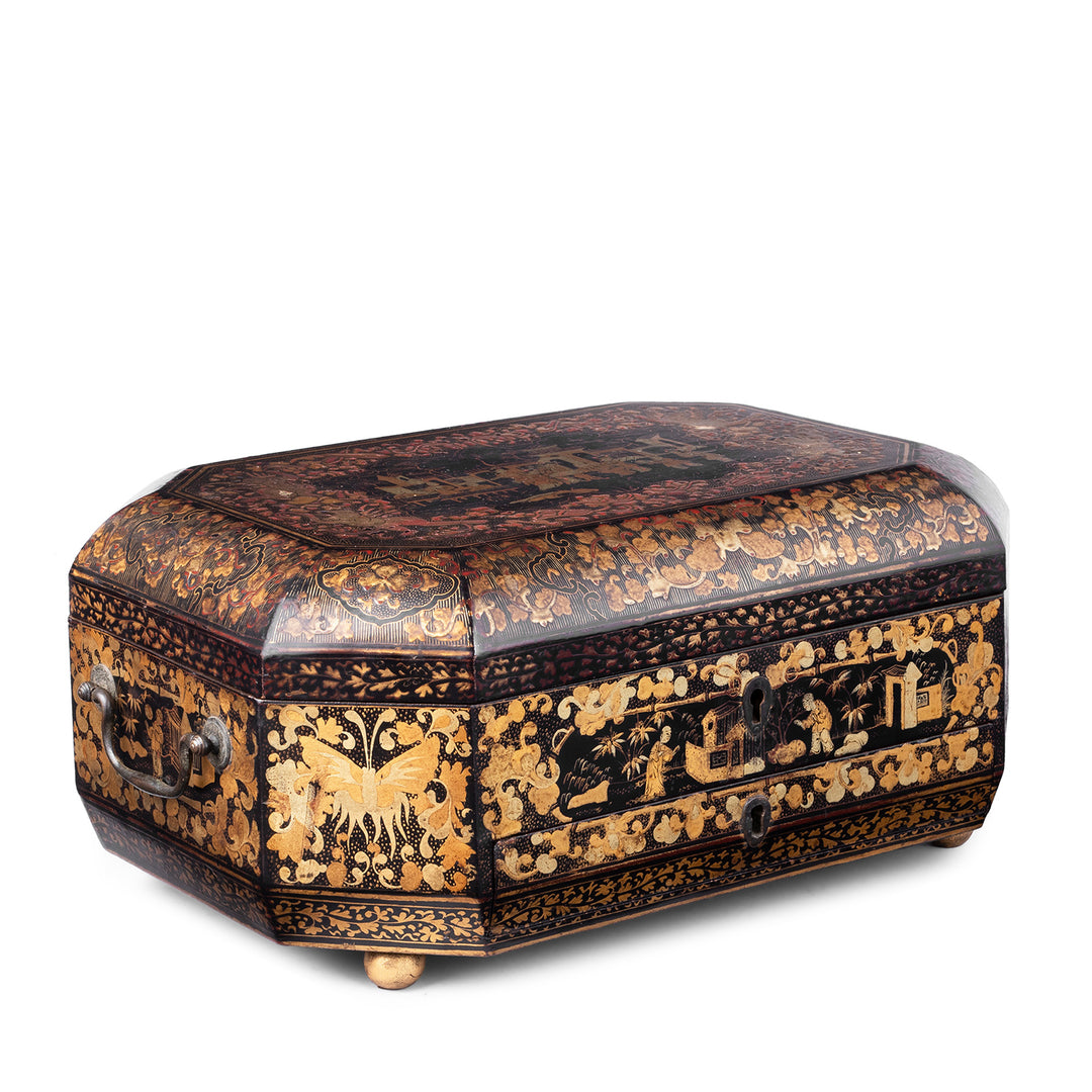 Angled View Of Antique Chinoiserie Export Black Lacquer Sewing Box | Indigo Antiques