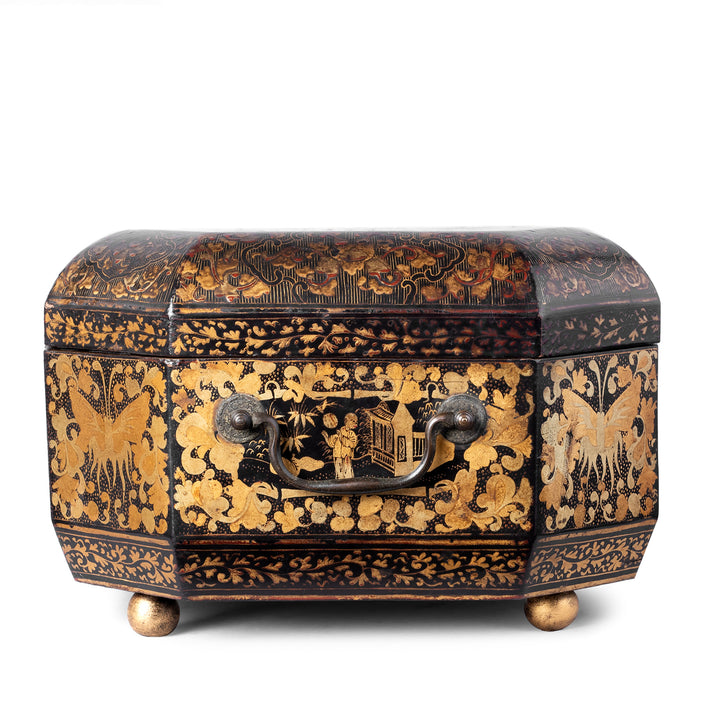 Side View Of Antique Chinoiserie Export Black Lacquer Sewing Box | Indigo Antiques