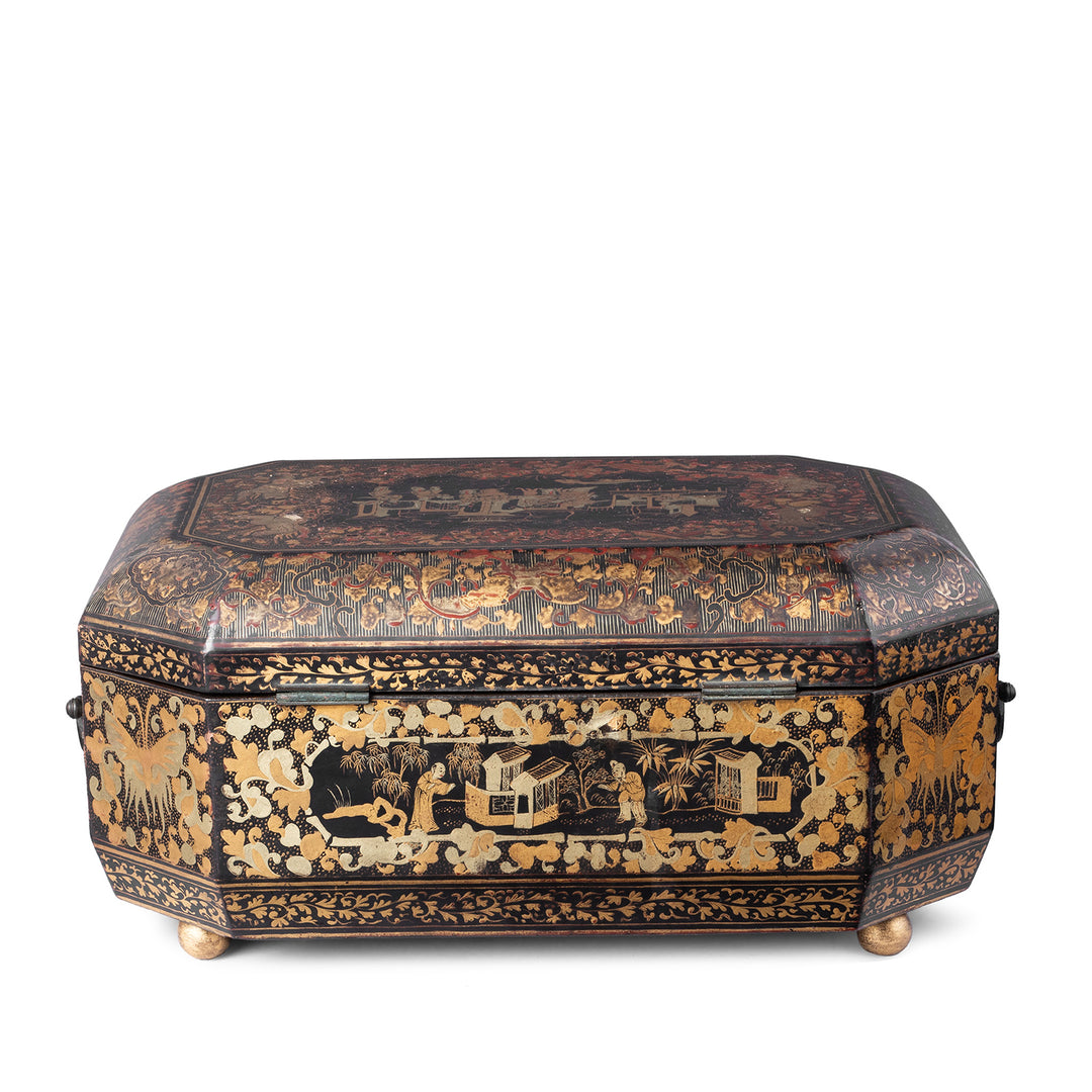 Back Of Antique Chinoiserie Export Black Lacquer Sewing Box | Indigo Antiques