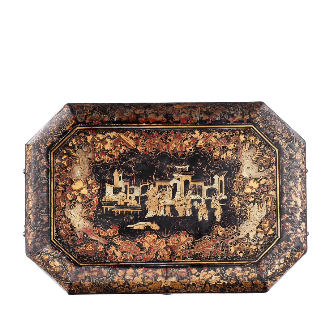 Top Down View Of Antique Chinoiserie Export Black Lacquer Sewing Box | Indigo Antiques