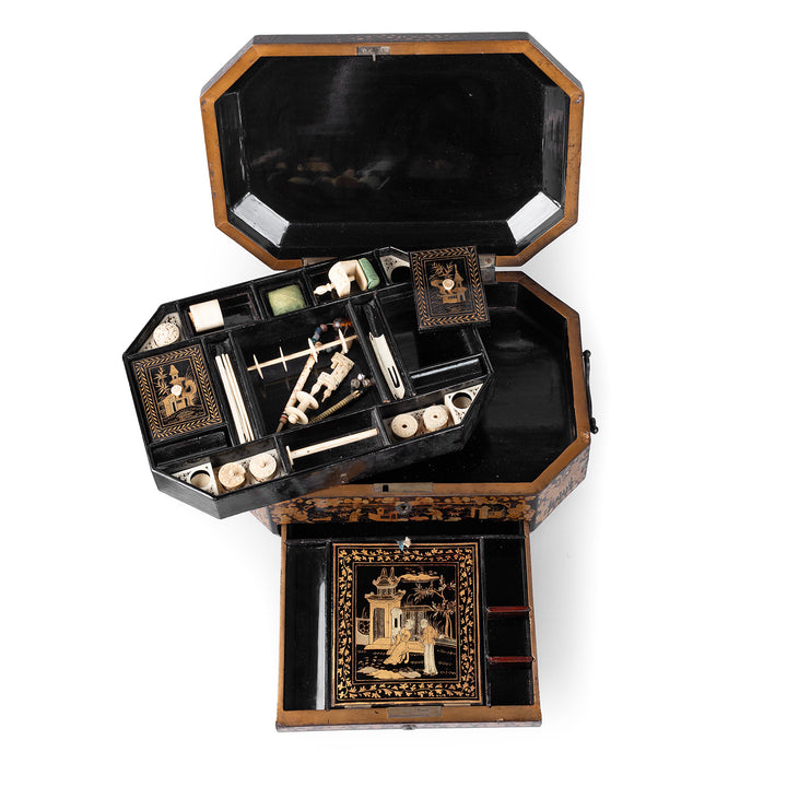 Interior Of Antique Chinoiserie Export Black Lacquer Sewing Box | Indigo Antiques