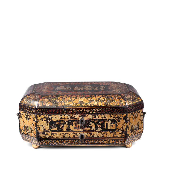Antique Chinoiserie Export Black Lacquer Sewing Box | Indigo Antiques