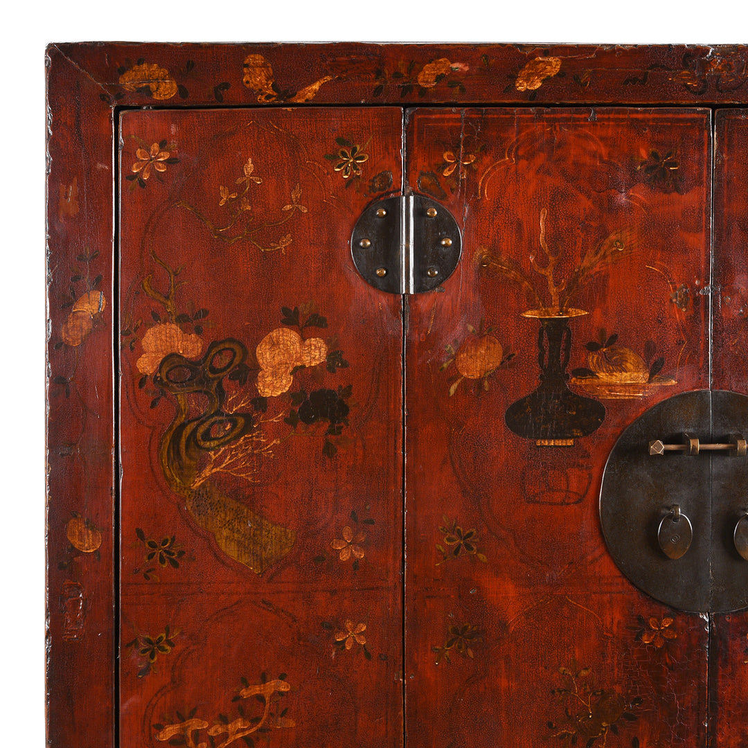 Corner Detail From Antique Gilt Chinese Painted Cabinet From Gansu | Indigo Antiques