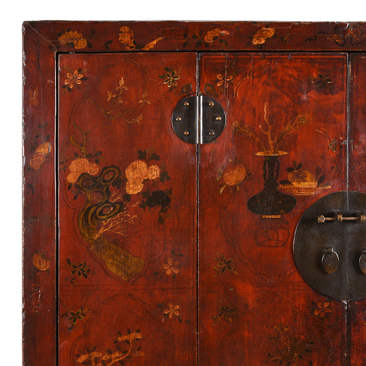 Corner Detail From Antique Gilt Chinese Painted Cabinet From Gansu | Indigo Antiques