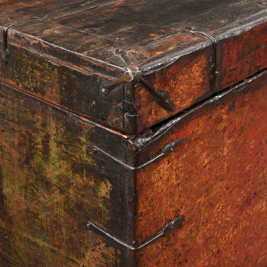 Corner Detail From Old Painted Tibetan 'Dragon' Storage Chest | Indigo Antiques