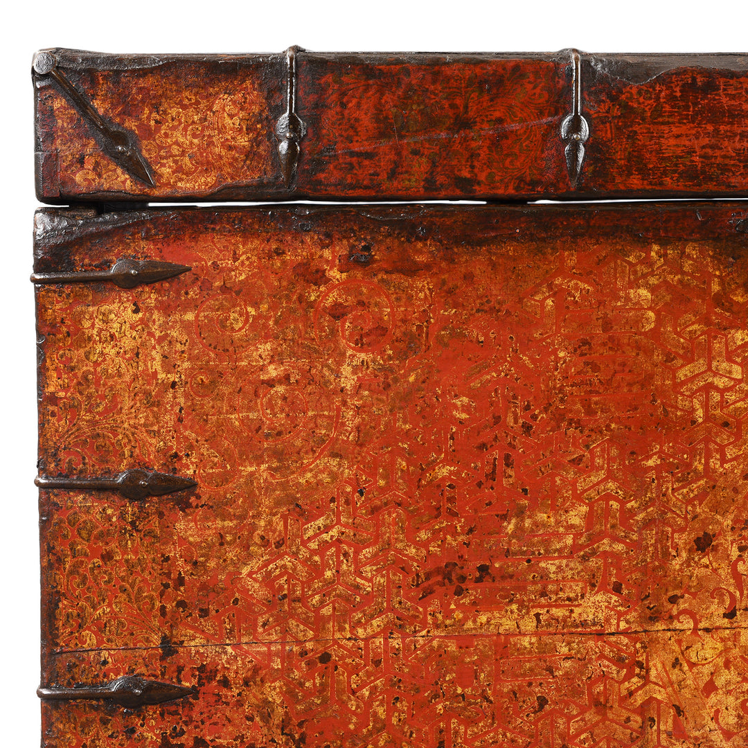 Corner Detail From Old Painted Tibetan 'Dragon' Storage Chest | Indigo Antiques