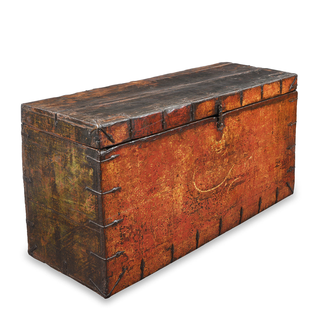 Angled View Of Old Painted Tibetan 'Dragon' Storage Chest | Indigo Antiques