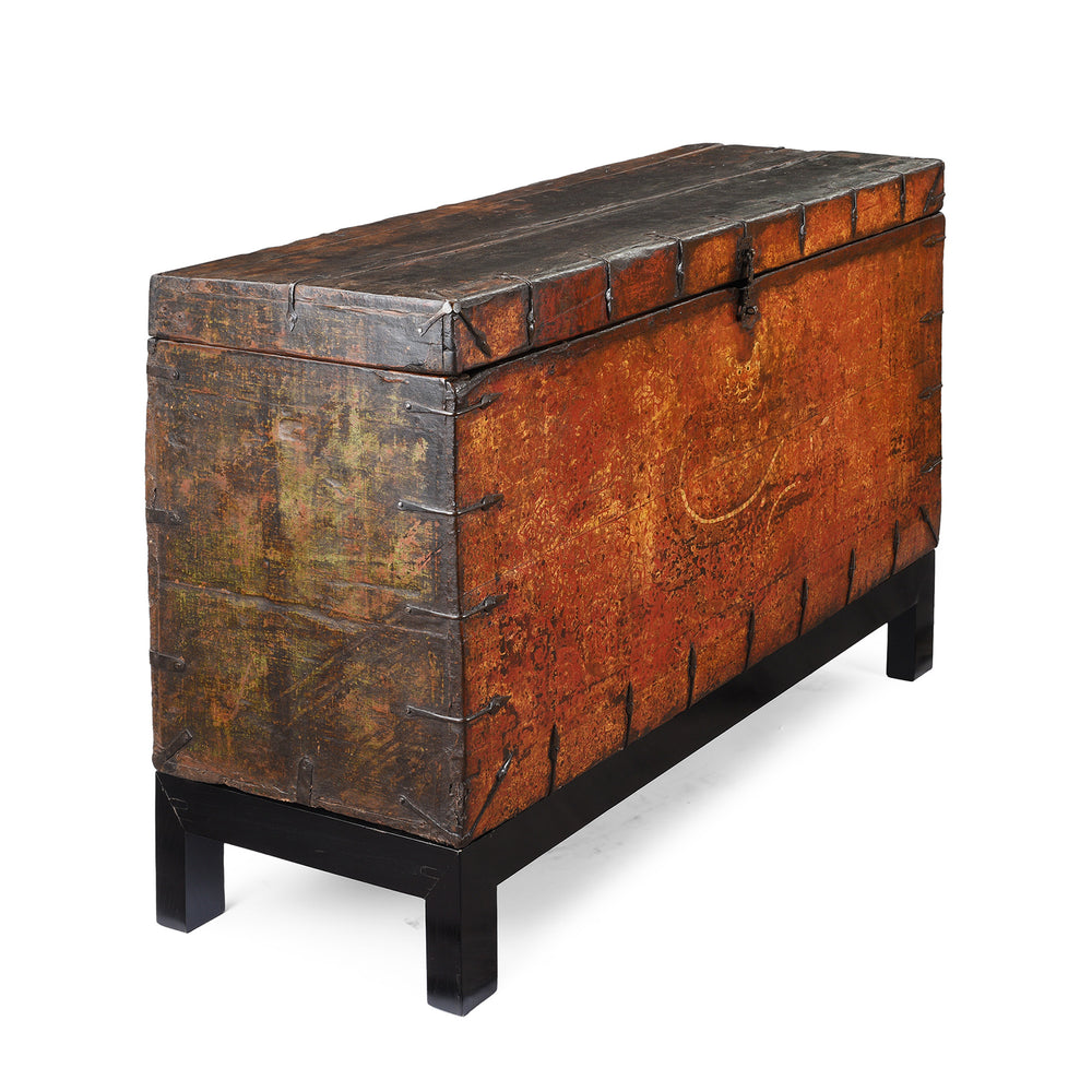 With Stand View Of Old Painted Tibetan 'Dragon' Storage Chest | Indigo Antiques