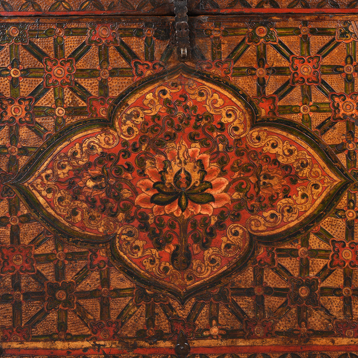 Central Detail From Antique Painted Tibetan 'Flaming Lotus' Storage Chest | Indigo Antiques
