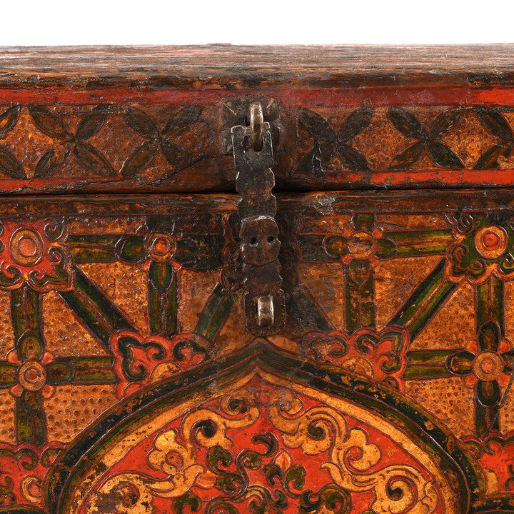 Latch Detail From Antique Painted Tibetan 'Flaming Lotus' Storage Chest | Indigo Antiques