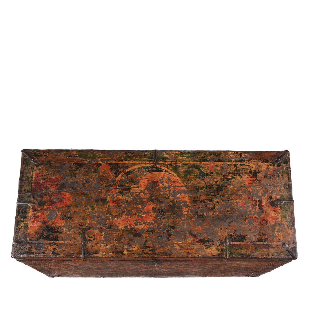 Top Down View Of Antique Painted Tibetan 'Flaming Lotus' Storage Chest | Indigo Antiques
