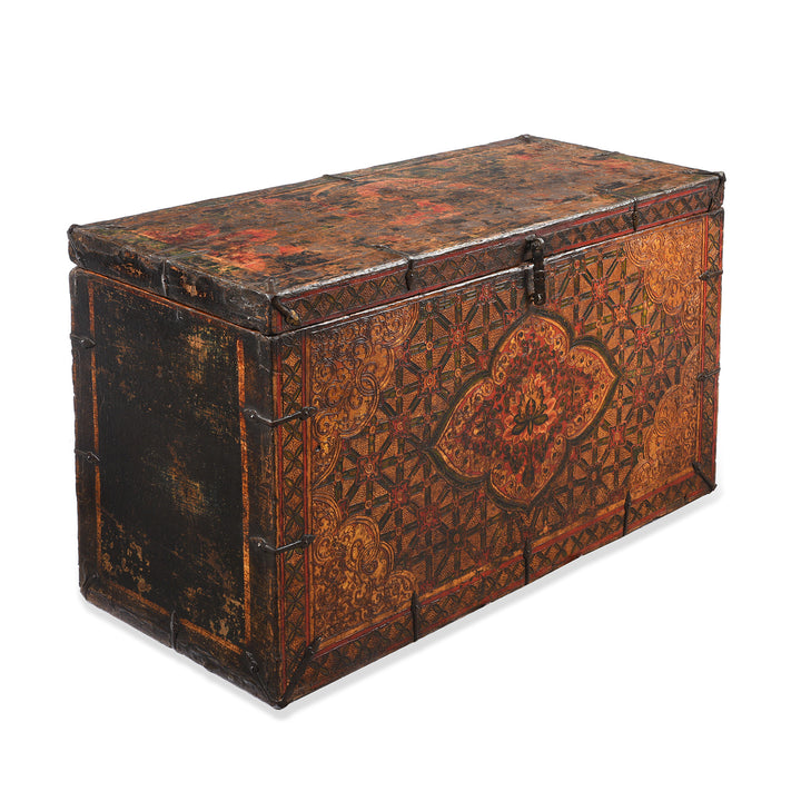 Angled VIew Of Antique Painted Tibetan 'Flaming Lotus' Storage Chest | Indigo Antiques