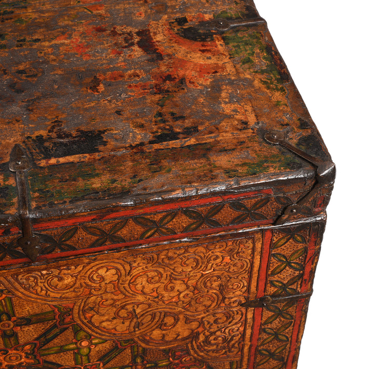 Corner Detail From Antique Painted Tibetan 'Flaming Lotus' Storage Chest | Indigo Antiques