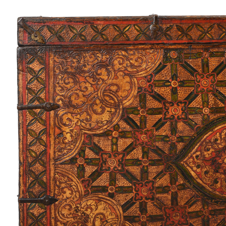 Corner Detail From Antique Painted Tibetan 'Flaming Lotus' Storage Chest | Indigo Antiques